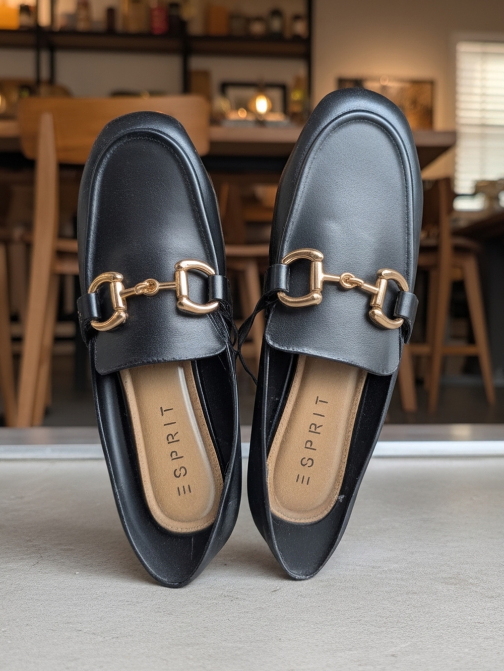 Esprit Black Leather Loafers with Gold Horsebit Accent